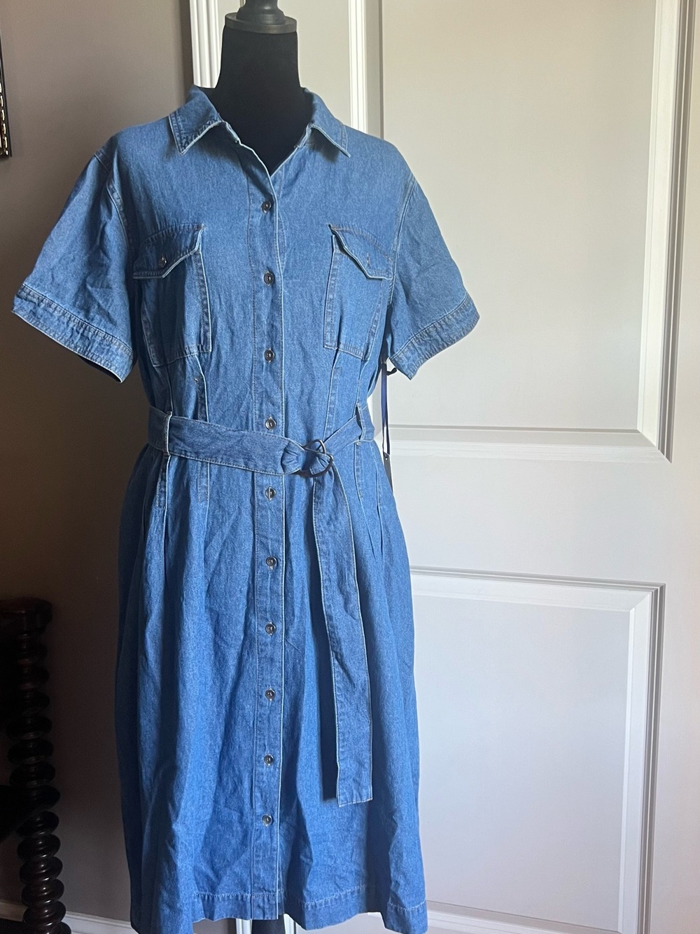 Denim Button-Front Midi Dress with Waist Tie - Blue